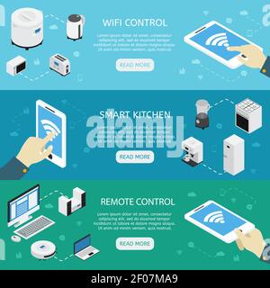 Three horizontal home appliances isometrics banner set with wifi control smart kitchen remote control descriptions vector illustration Stock Vector