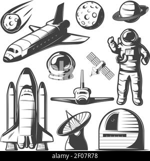 Space monochrome elements set with astronaut shuttles and rockets cosmic objects observatory and radar isolated vector illustration Stock Vector