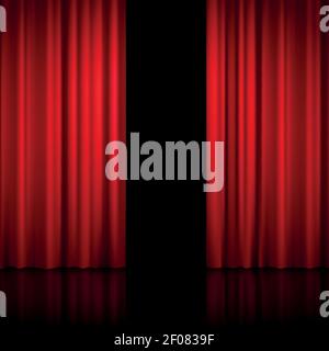 Realistic open red curtains with shadows and black hole instead of scene behind the curtains vector illustration Stock Vector