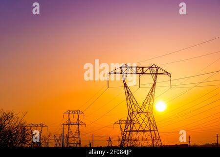 Electric towers with many power lines, sunrise, Pennsylvania, USA Stock Photo