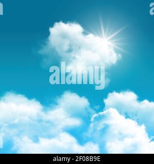 Realistic blue sky with clouds composition rays of sun peek out from behind the clouds vector illustration Stock Vector