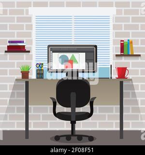 Workspace for designer composition with computer and desk near window bookshelves on grey brick wall vector illustration Stock Vector