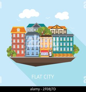 City buildings flat design long shadow color icons set. Multi-storey ...