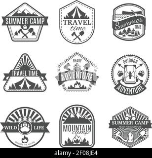 Set of black and white different shaped icons with ribbons and camping types isolated vector illustration Stock Vector