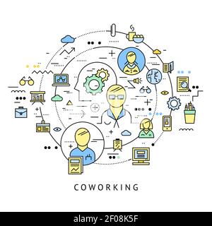 Coworking round composition with isolated line icon set combined in big circle vector illustration Stock Vector