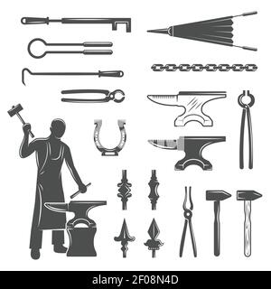 Blacksmith black white icons set with craftsman ironworks nippers pincers chain horseshoe sledge hammers isolated vector illustration Stock Vector