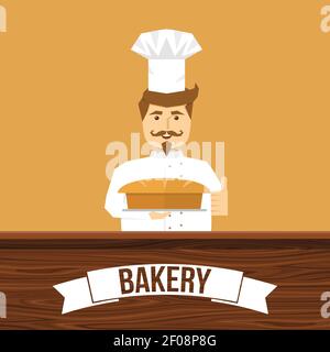 Baker and bread design with smiling man behind wooden counter on tan background vector illustration Stock Vector