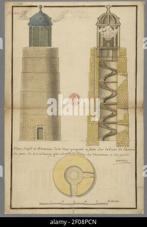 Plan Profil et Elevation de la Tour proposee a faire sur la butte de l Entree du port de Louisbourg qui servira a eclairer les vaisseaux et les guider. Stock Photo