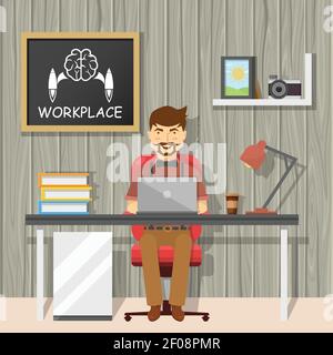 Hipster at workplace design with cheerful man behind desk and chalkboard on textural grey wall vector illustration Stock Vector