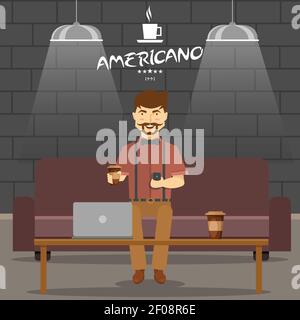 Hipster in coffee shop design with smiling man on sofa with beverage and smartphone vector illustration Stock Vector