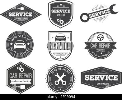 Auto service black white emblems with car steering wheel wrench gears key stars isolated vector illustration Stock Vector