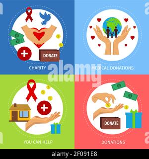 Poster colorful set with flat hand icon in holding the earth giving coin connecting in heart-style shape vector illustration Stock Vector