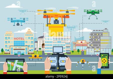 Big city Modern technologies concept with people launching drones by different applications on a device vector illustration Stock Vector