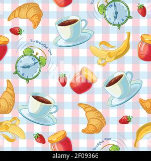 Flat isolated pattern with coffee cup croissants alarm clock and jam on a tablecloth background vector illustration Stock Vector