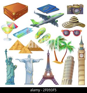 Isolated sight symbols of statues towers and cartoon style travelers accessories set on blank background vector illustration Stock Vector