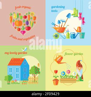 Four square garden icon set with headlines fresh organic gardening tools my lovely garden and flower garden vector illustration Stock Vector