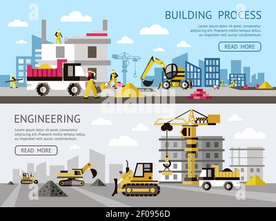 Construction colored banner set with building process and engineering descriptions plus buttons vector illustration Stock Vector