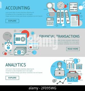 Accountant horizontal banners set with money banking card safe computer calculator briefcase folders abacus isolated vector illustration Stock Vector