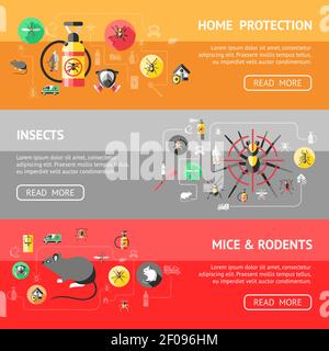 Pest control horizontal banners set with home protection ant mosquito spider insecticide rodents trap isolated vector illustration Stock Vector