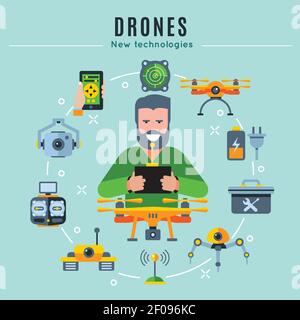 Drones colored composition with playing man at the center and isolated icon set around vector illustration Stock Vector