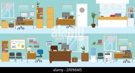 Office interiors template with wooden furniture reception workplace for boss ceiling light blue walls isolated vector illustration Stock Vector