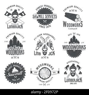 Lumberjack black white emblems with equipment forest products skull in hat with beard isolated vector illustration Stock Vector