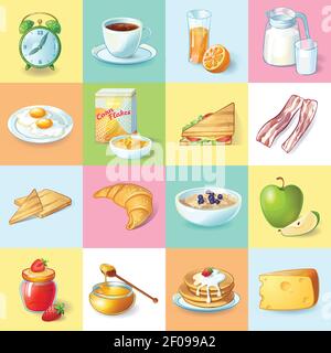 Colorful traditional breakfast elements collection with alarm clock healthy dishes and morning drinks in squares isolated vector illustration Stock Vector