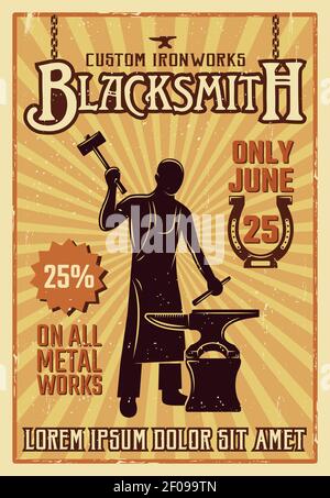 Blacksmith yellow poster or flyer with descriptions of custom iron works only june vector illustration Stock Vector