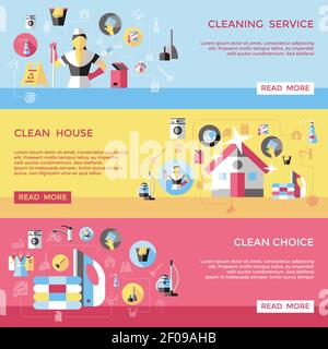 Professional cleaning horizontal banners set with shiny house washing tools laundry bin rag dustpan isolated vector illustration Stock Vector