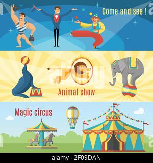 Flat circus banners with titles come and see animal show magic circus and circus artists animals vector illustration Stock Vector