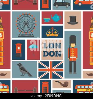 London seamless pattern with isolated square icons on uk theme and places of interest vector illustration Stock Vector
