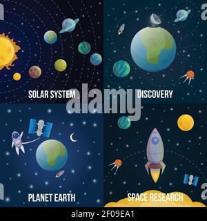Space universe icon set with descriptions of planets names and space ...