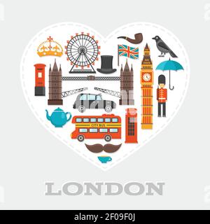 London heart composition or poster with isolated icon set on London theme combined in big white heart vector illustration Stock Vector