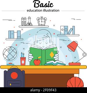 Basic education colored concept in linear style with child does his homework vector illustration Stock Vector