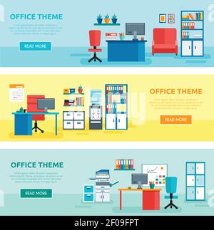 Three horizontal colored office banner set with office theme descriptions and buttons vector illustration Stock Vector