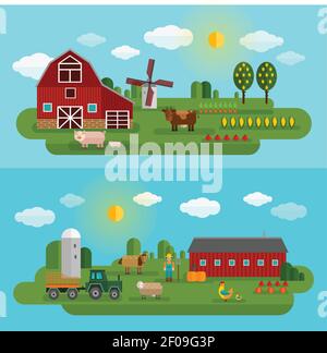 Flat farm panorama set with two different types of farm and animals vector illustration Stock Vector