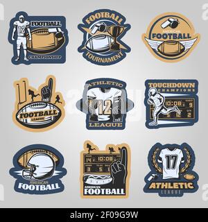 American football competitions emblems with running players foam hand sports equipment on grey background isolated vector illustration Stock Vector