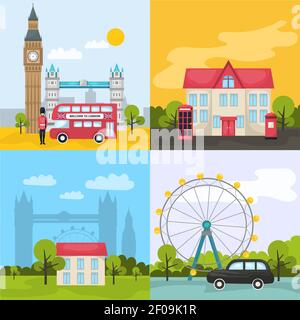 London colored compositions with four square icon set about tourist places and attractions vector illustration Stock Vector