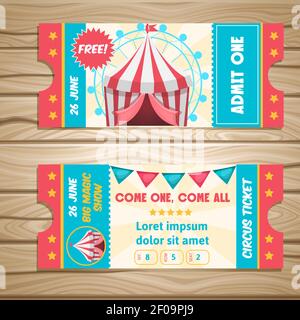 Event tickets for magic show in cartoon style with circus tent flags and editable text vector illustration Stock Vector