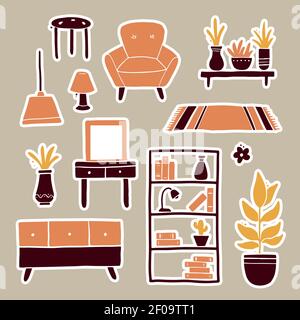 Hand drawn stickers set of living room furniture, sofa, chair, house plant, floor lamp, shelf, carpet. Simple trendy flat style. Illustration for interior apartment design. Stock Vector