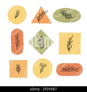 Set of floral elements, flower, leaves. Hand drawn sketch pencil style. Perfect for instagram story highlight icon, social media, blog. Stock Vector