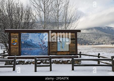 Entrance sign for the Kootenai National Wildlife Refuge in winter. Bonners Ferry, North Idaho. (Photo by Randy Beacham) Stock Photo