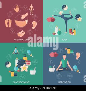 Four square colored icon set with people the attending on acupuncture on yoga on meditation on spa treatment vector illustration Stock Vector
