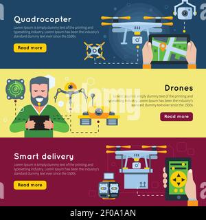 Three horizontal new technologies banner set on quadrocopter drones and smart delivery themes vector illustration Stock Vector