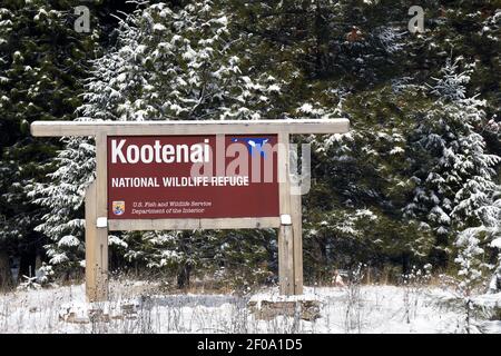 Kootenai National Wildlife Refuge entrance sign in winter. Bonners Ferry, North Idaho. (Photo by Randy Beacham) Stock Photo