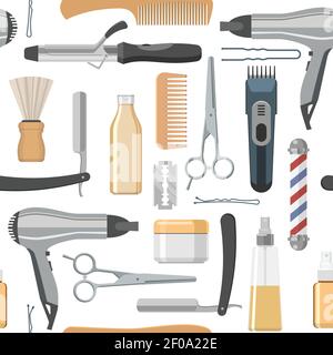 Beauty salon seamless pattern with working tools and professional cosmetics on white background vector illustration Stock Vector