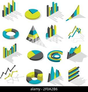 Isometric isolated and colored graphs icon set with shadows for presentations and financial statements vector illustration Stock Vector