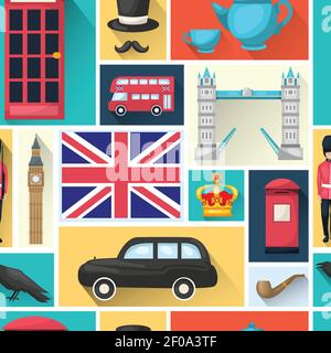 London seamless background pattern with shadowed square icon set with sights of the city vector illustration Stock Vector