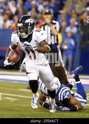 Denver Broncos Trindon Holliday (11) is dragged down by the San Francisco  49ers at Candlestick Park in San Francisco on August 8, 2013. The Broncos  defeated the 49ers 10-6. UPI/Terry Schmitt Stock Photo - Alamy