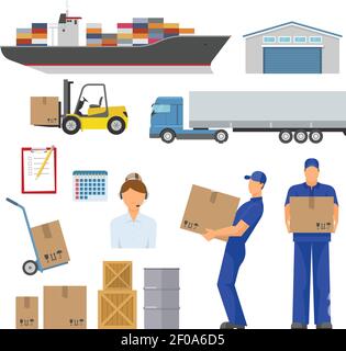 Logistics decorative flat icons set with ship warehouse loader truck trolley operator workers goods isolated vector illustration Stock Vector